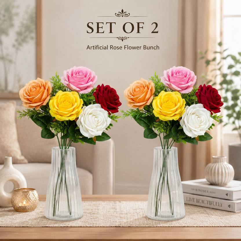 petalify Set of 2 Artificial Rose Flower Bunch with Vase for Home Décor, Table Decoration Multicolor Rose Artificial Flower