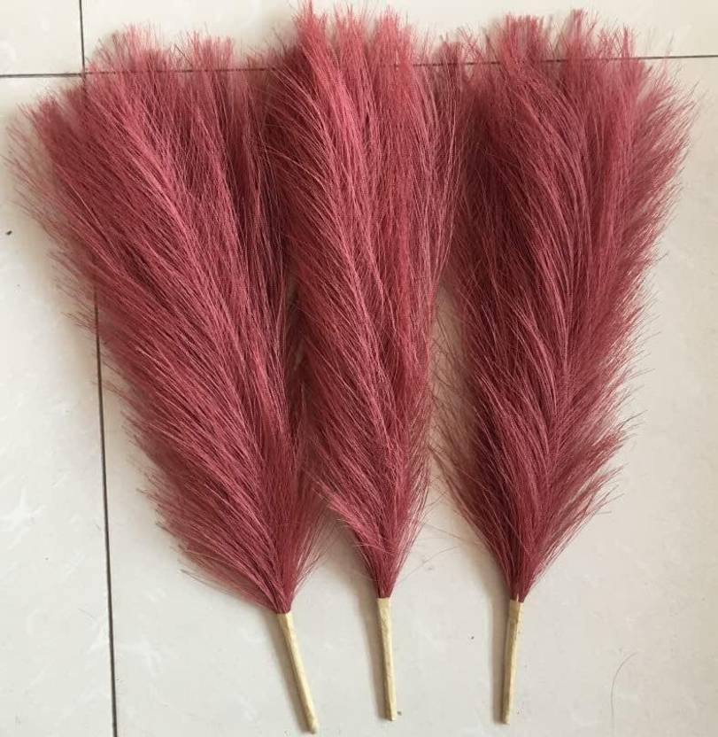 Giftsonix 3 Pc Artificial Pampas Grass for Home Decor, Vase, Table & Diwali Decor Dark Maroon Dried Sticks Artificial Flower