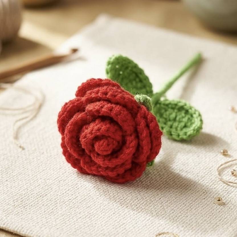 Brovion Art Crochet Rose Stick Handmade Artificial Flower for Home Decor & Gifting Red Rose Artificial Flower