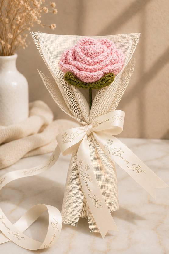 Brovion Art Artificial Rose Flower Bouquet | Crochet Pink Rose | Couple Pink Rose Artificial Flower