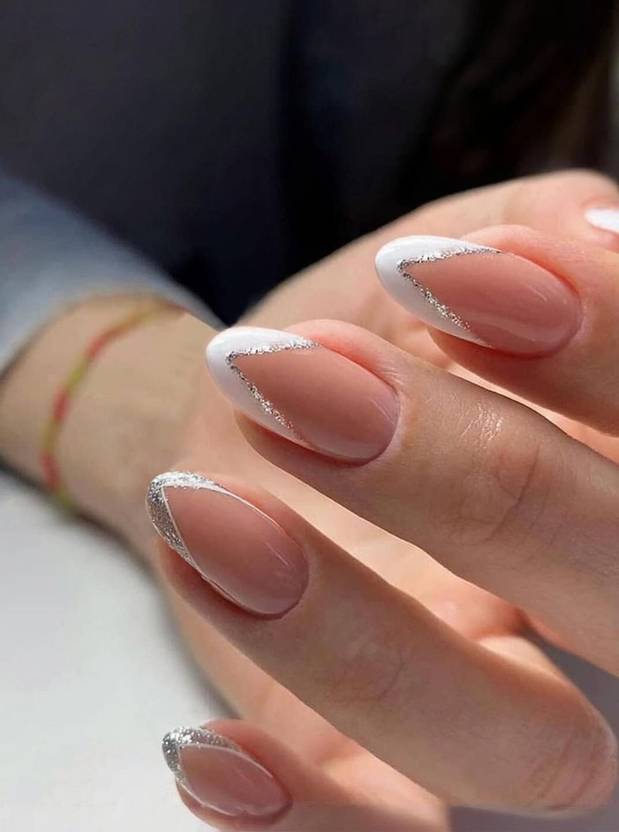 Beauzy White V French Tip Press On Nails with Silver Glitter Almond pink