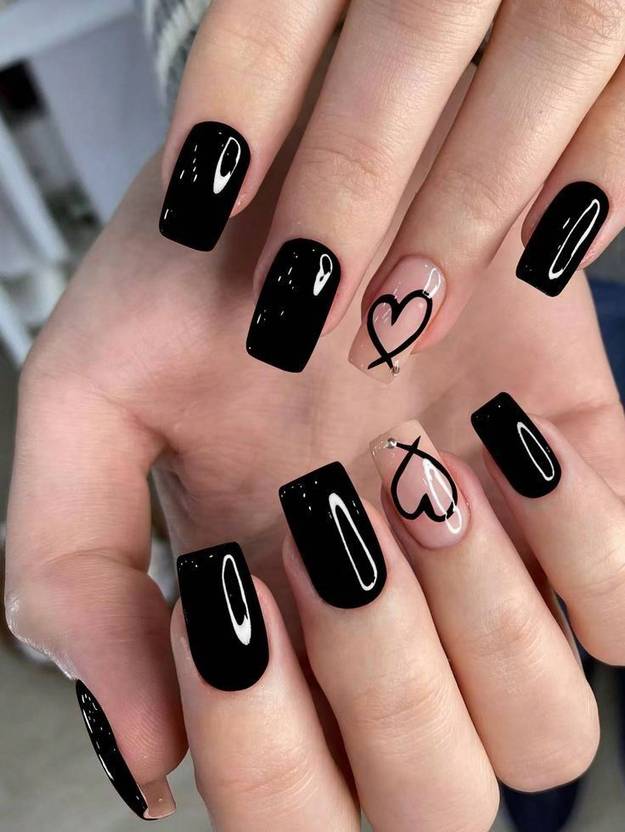 NextEra Black-heart Nails Press on Nails for women pack of 12 pcs Black