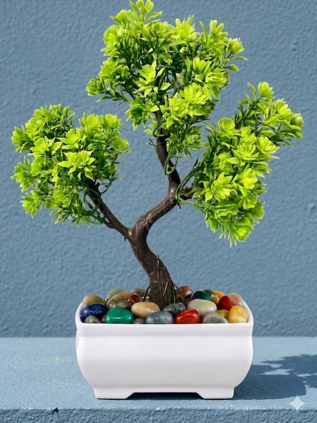 Ansaribrothers Artificial Bonsai Green Tree With Wooden Pot For home decoration pack of 1 Bonsai Wild Artificial Plant  with Pot