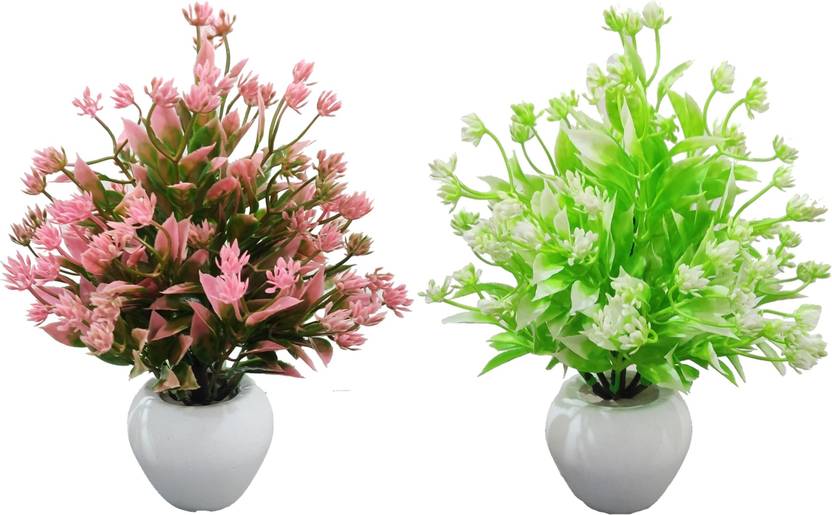 BAARIG Set of 2 Pink-WhiteTable Flower top for home shop office decoration gift Bonsai Wild Artificial Plant with Pot