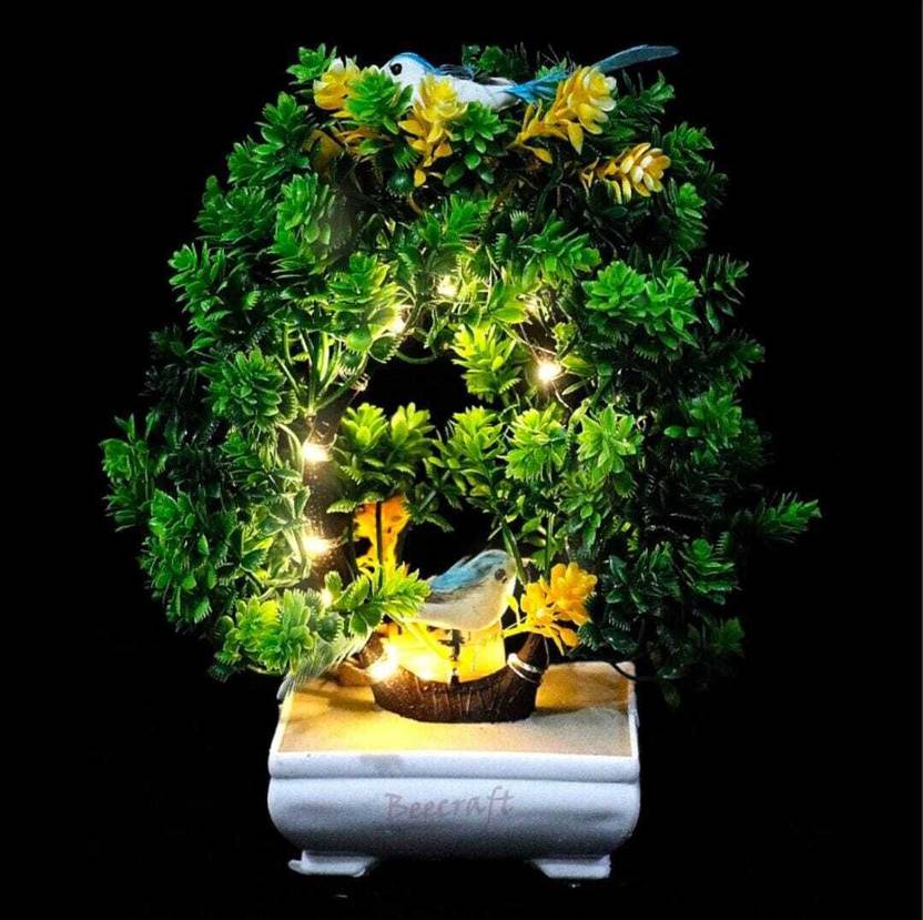 Bloom Artificial Bonsai Plant, 2 Sparrow with LED Light| Pot for Office, Room Decor Bonsai Wild Artificial Plant