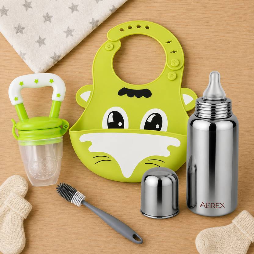 AEREX Silicone Baby Feeding Set with Bib, Steel Bottle, Fruit Feeder & Cleaning Brush - 240 ml