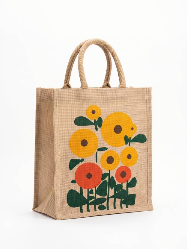 AVLUZ Natural Sun Flower Printed Jute Multipurpose Bag