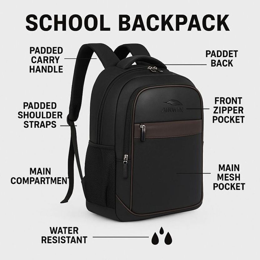 Airwin Lightweight & Spacious Waterproof School Bag - Image 3