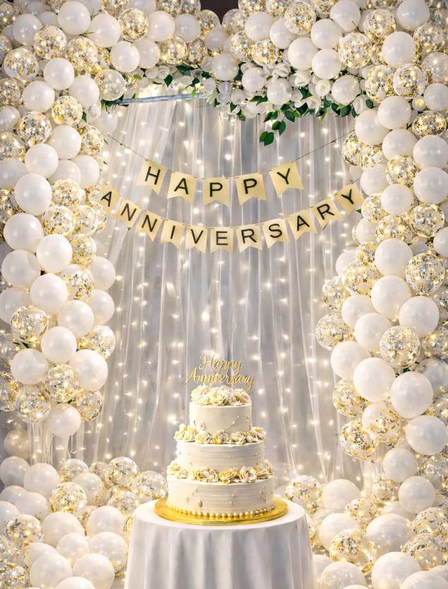 ballooooify Solid Royal White Gold Birthday Premium Decoration Kit Balloon