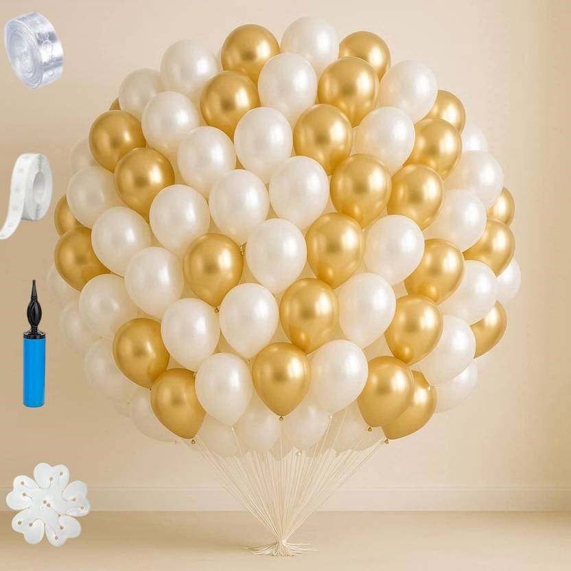 picofun Solid Gold and White Metallic Balloons With DIY Kit - 47 Pcs Combo Balloon