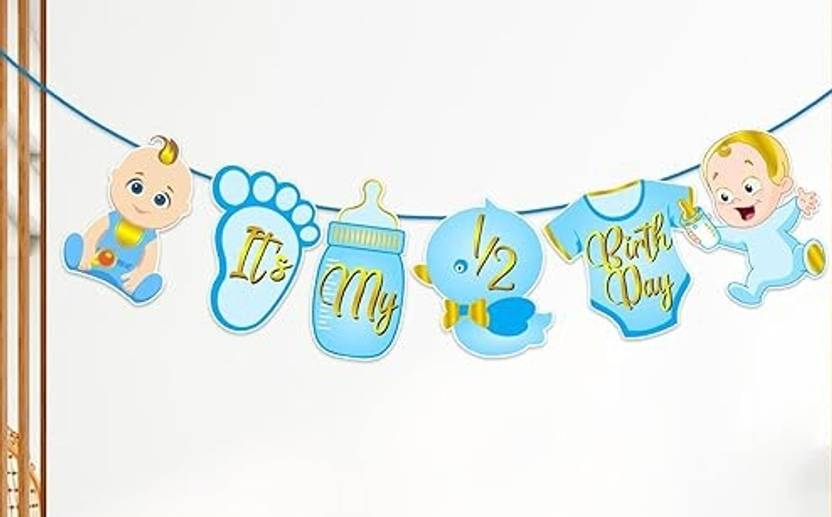 Flying Hub Solid Half/Six Month Decorations Paper Banner For Baby Boy - Its My Half, Decorations Balloon