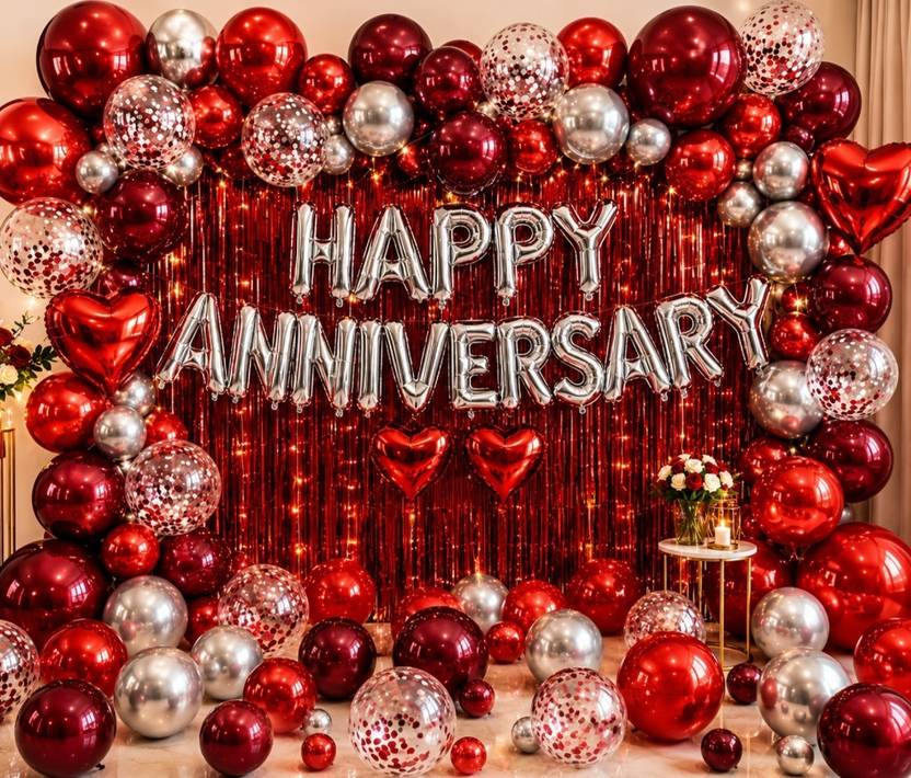 ballooooify Solid Royal Red Silver Anniversary Decoration Combo Set Balloon