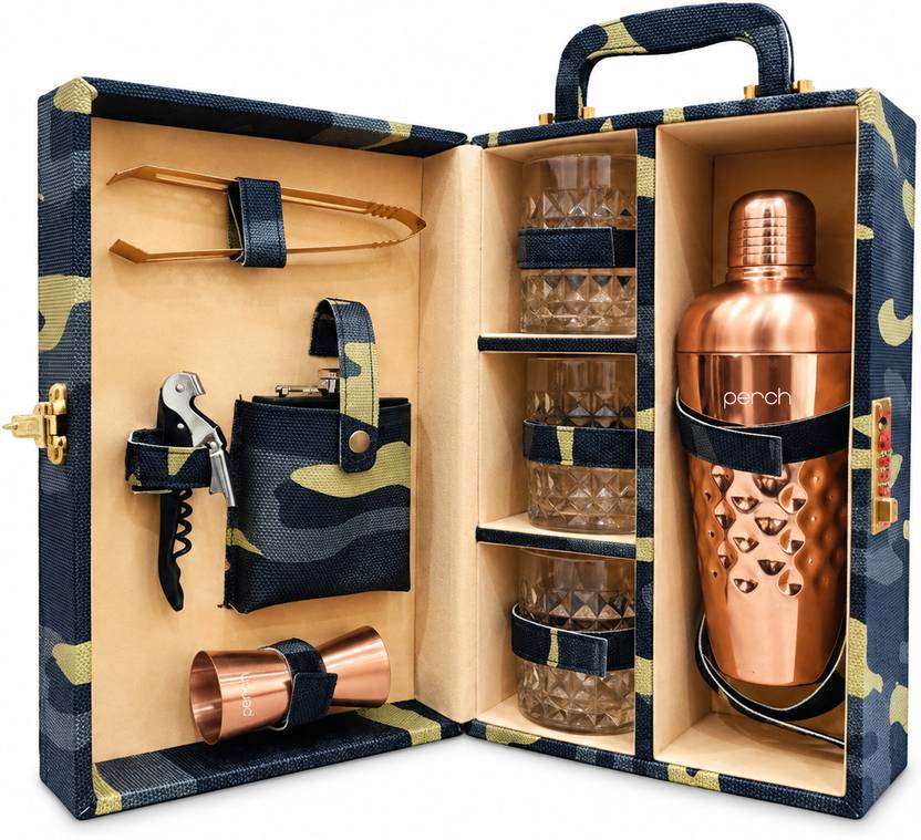 PERCH O' Holic Leatherette Suitcase 3 Glasses Travel Bar Gift Kit for Men Home Party 9 - Piece Bar Set