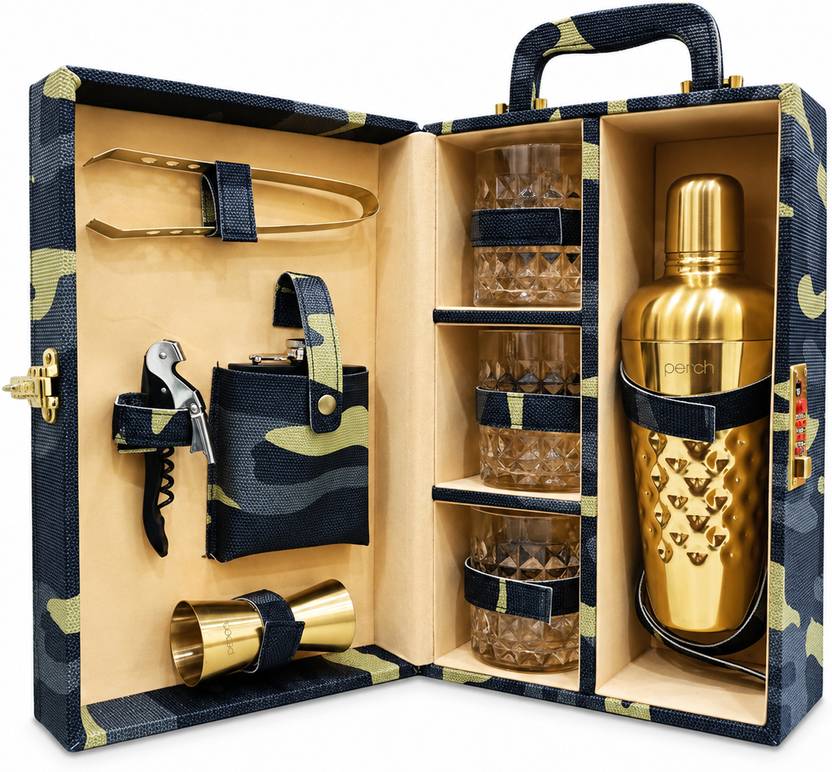 PERCH O' Holic Leatherette Suitcase 3 Glasses Travel Bar Gift Kit for Men Home Party 9 - Piece Bar Set