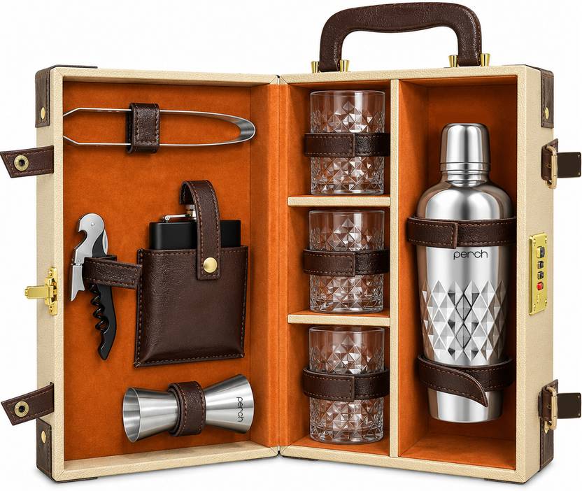PERCH O' Holic Leatherette Suitcase 3 Glasses Travel Bar Gift Kit for Men Home Party Bar Set