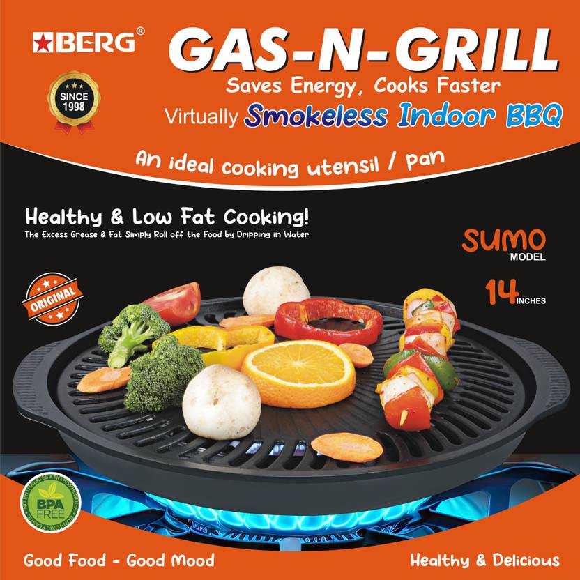 BERG Aluminum NonStick Smokeless Indoor Tandoor Cooktop BBQ, 14 inches
