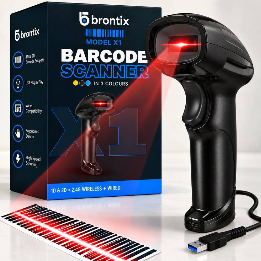 Brontix X1 Black Barcode Scanner 1D & 2D, USB Wired Barcode Reader QR Code Scanner Laser Barcode Scanner