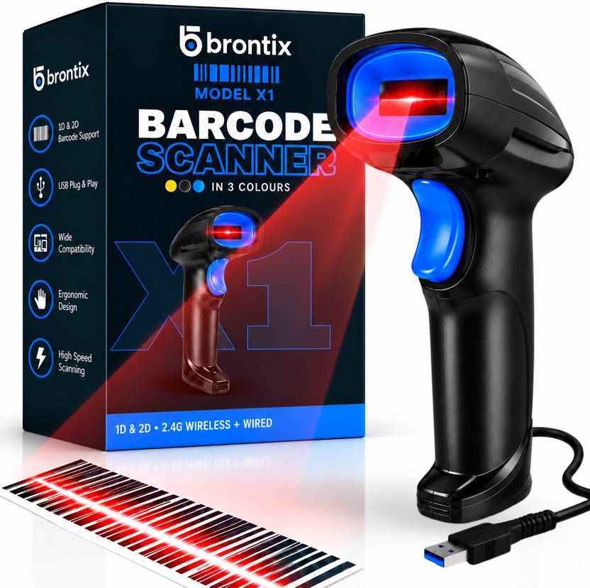 Brontix X1 Blue Barcode Scanner 1D & 2D,USB Wired Barcode Reader Laser QR Code Scanner Blue Model X1 Pen Barcode Scanner