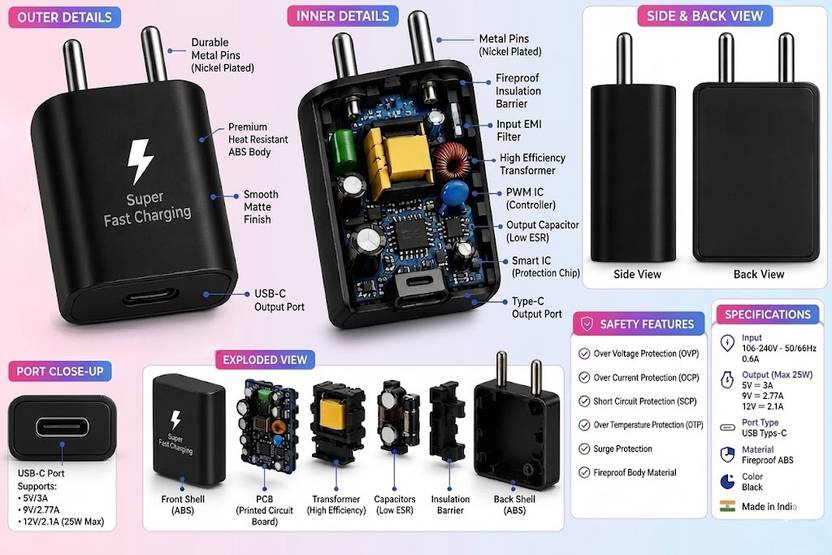 YCNEX 25 W GaN 3 A Wall Charger for Mobile