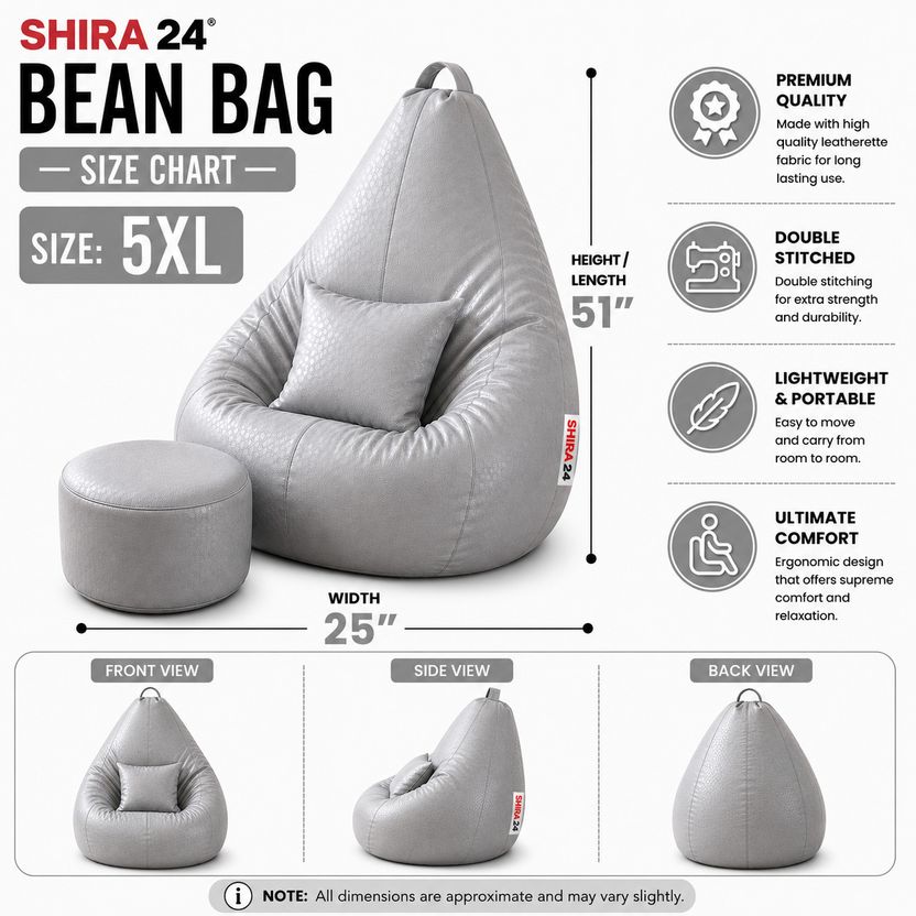 SHIRA 24 5XL Tear Drop Bean Bag Cover, Grey - Image 3