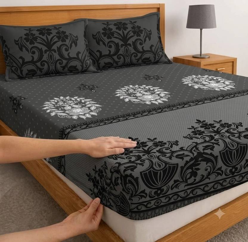 Bedsheat hub Cotton Double Fitted (Elastic) 320 TC Printed 1 Bedsheet with 2 Pillow Covers