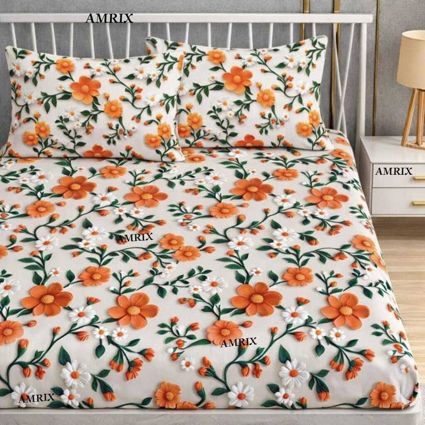 Amrix Cotton King Fitted (Elastic) 350 TC 3D Printed 1 Bedsheet with 2 Pillow Covers