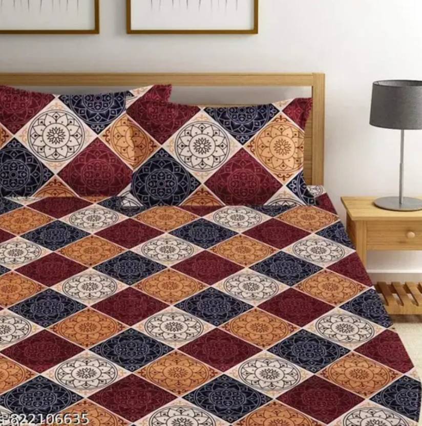 Bedsheat hub Cotton Double Fitted (Elastic) 320 TC Printed 1 Summer Bedsheet with 2 Pillow Covers