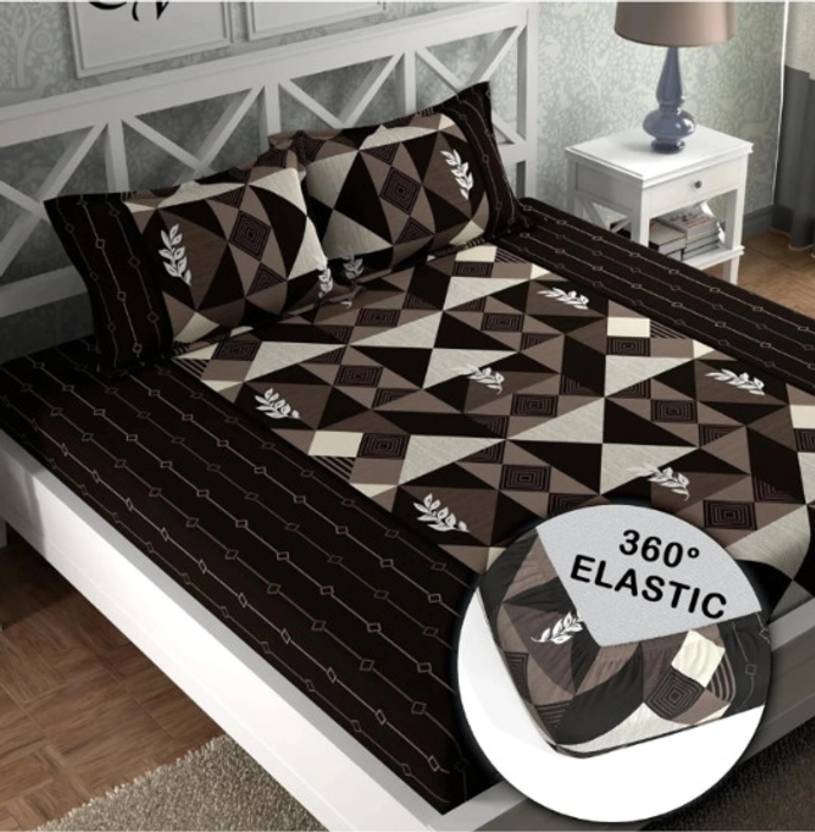 Bedsheat hub Cotton Double Fitted (Elastic) 320 TC Printed 1 Summer Bedsheet with 2 Pillow Covers
