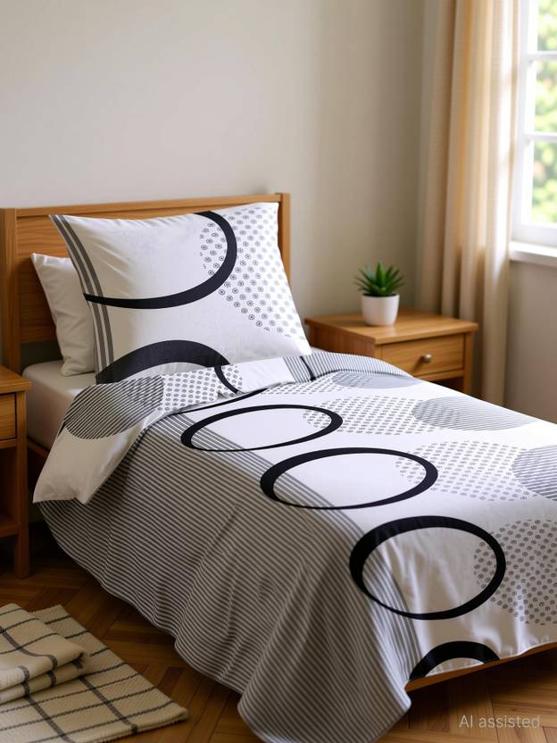 LORETO Cotton Single Flat 144 TC Printed 1 Bedsheet with 2 Pillow Covers