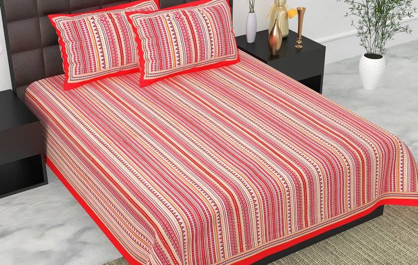 BedZone Cotton King Flat 220 TC Jaipuri Prints 1 Bedsheet with 2 Pillow Covers