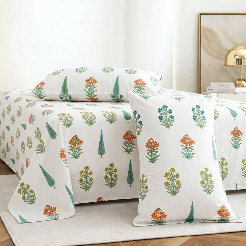 CARLTON LONDON Cotton Super King Flat 144 TC Floral 1 AC Bedsheet with 2 Pillow Covers