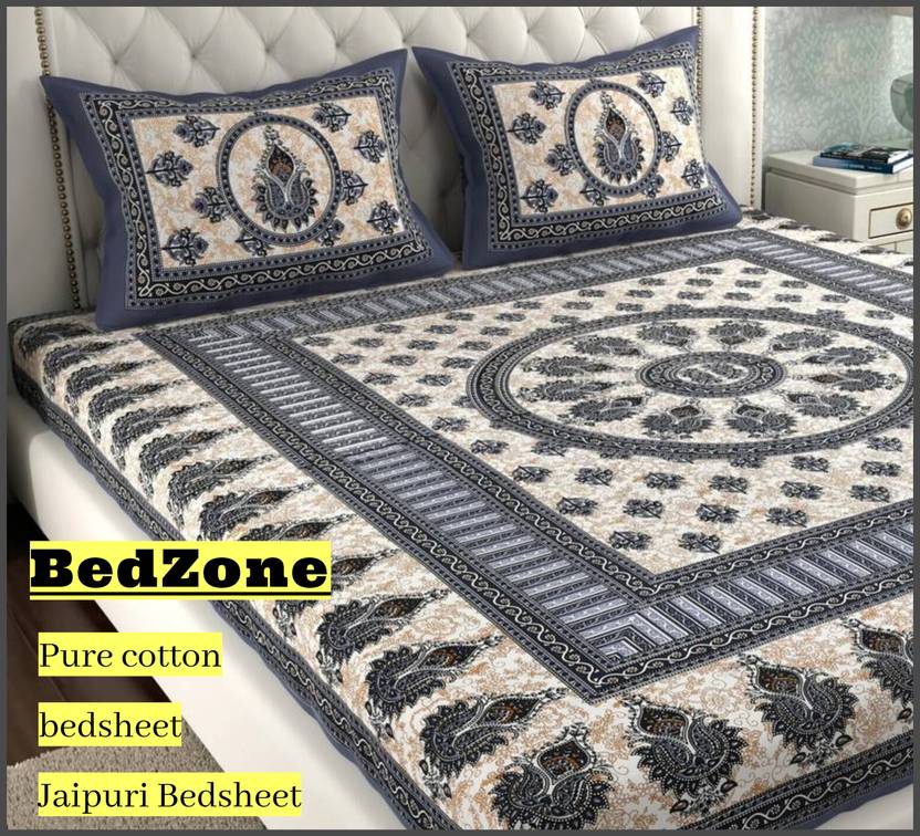 BedZone Cotton Double Flat 144 TC Jaipuri Prints 1 Bedsheet with 2 Pillow Covers