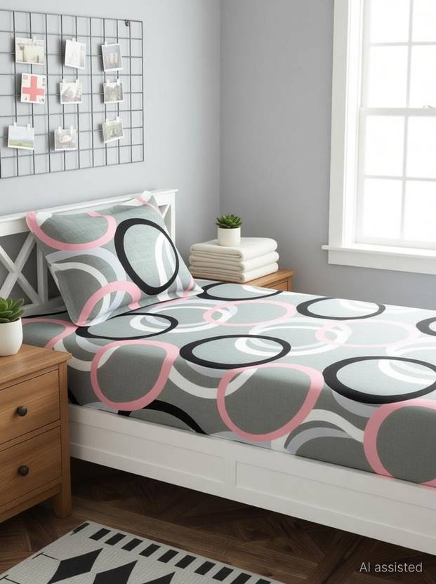 BeddingZone Cotton Single Flat 144 TC Geometric 1 Bedsheet with 2 Pillow Covers