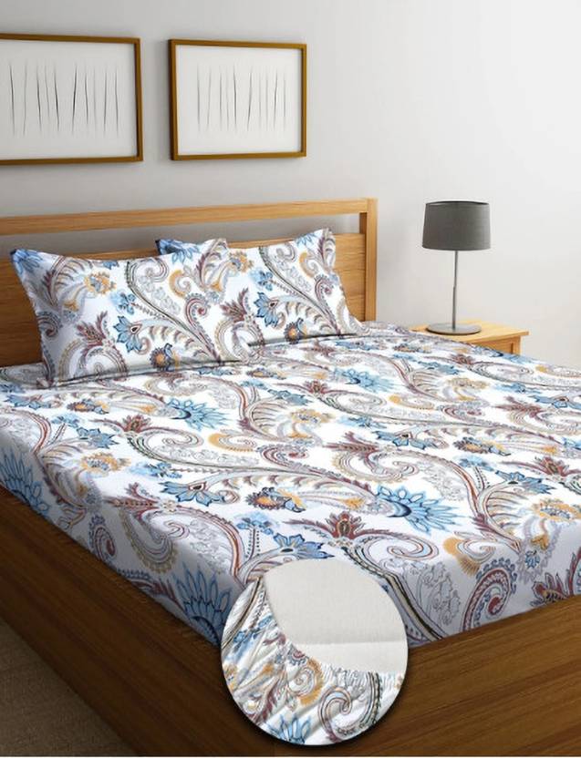 Bedsheat hub Cotton Double Fitted (Elastic) 320 TC Printed 1 Summer Bedsheet with 2 Pillow Covers