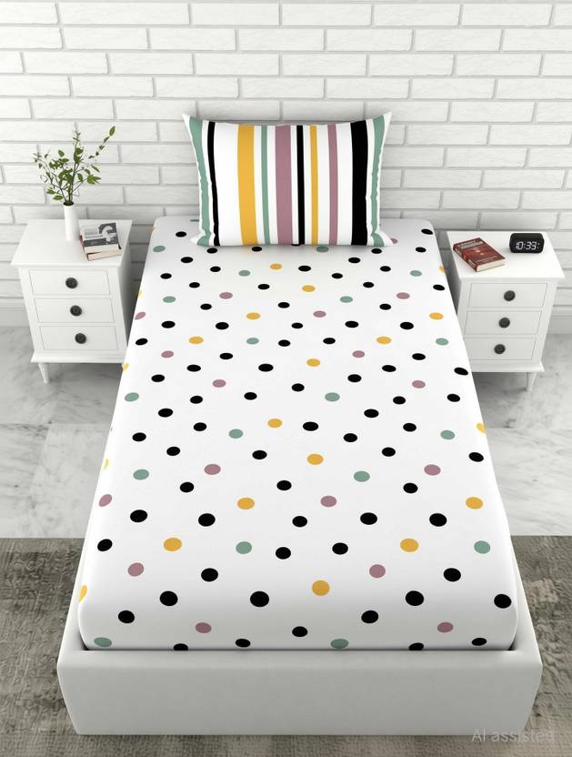 LORETO Cotton Single Flat 144 TC Polka 1 Bedsheet with 2 Pillow Covers