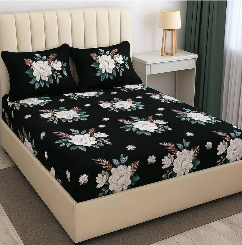 Bedsheat hub Cotton Double Fitted (Elastic) 320 TC Printed 1 Bedsheet