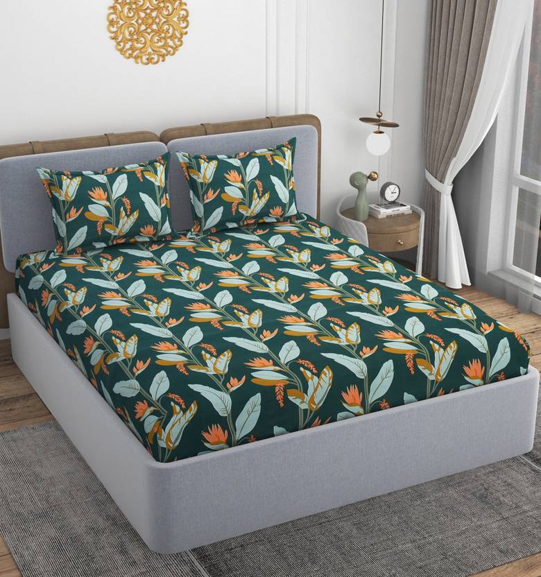 VOMZER Cotton Blend King Fitted (Elastic) 300 TC Printed 1 Bedsheet with 2 Pillow Covers