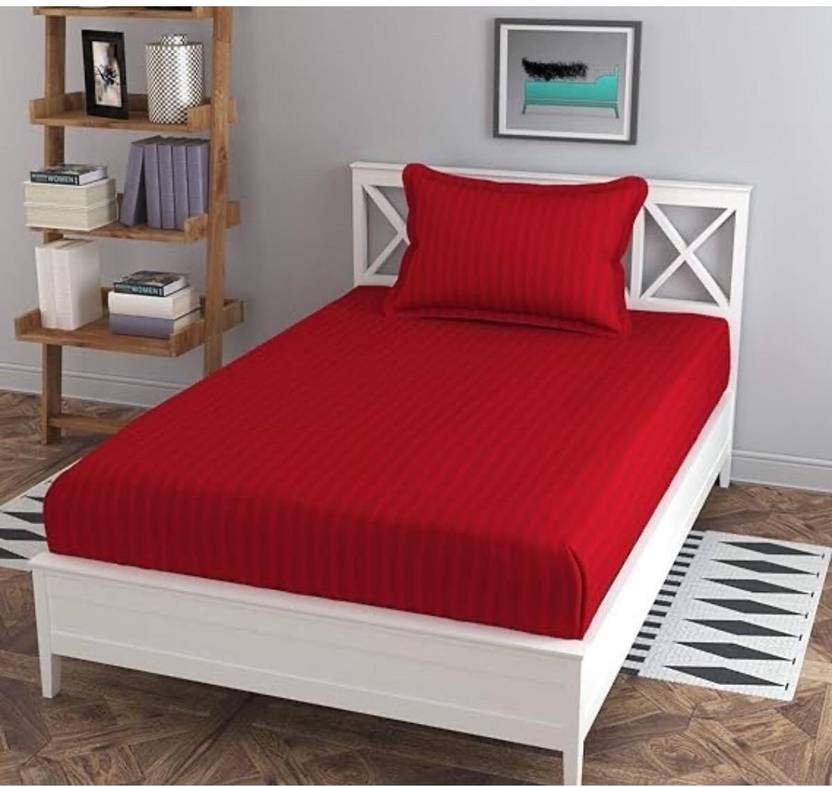 Belgium Furnishings Cotton Single Fitted (Elastic) 190 TC Striped 1 Bedsheet with 2 Pillow Covers