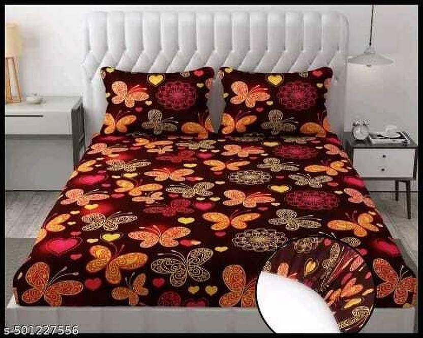Bedsheat hub Cotton Double Fitted (Elastic) 320 TC Floral 1 Summer Bedsheet with 2 Pillow Covers