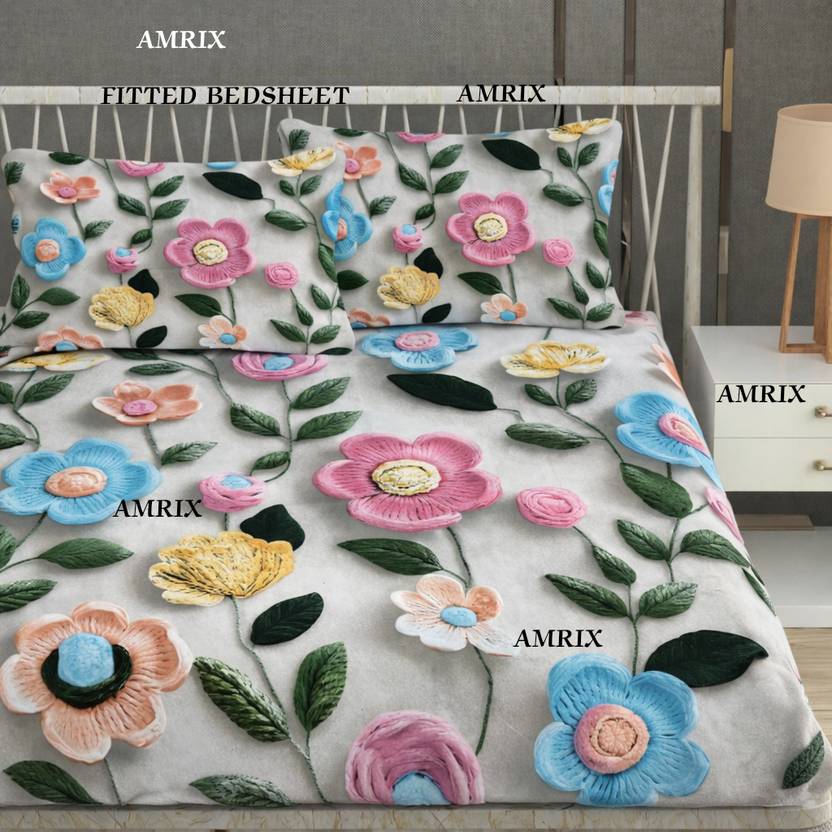 Amrix Cotton King Fitted (Elastic) 350 TC 3D Printed 1 Bedsheet with 2 Pillow Covers
