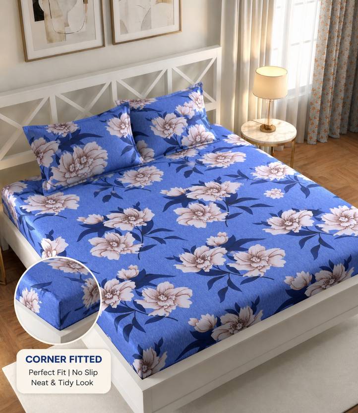 IWS Cotton Double Fitted (Elastic) 144 TC Floral 1 Bedsheet