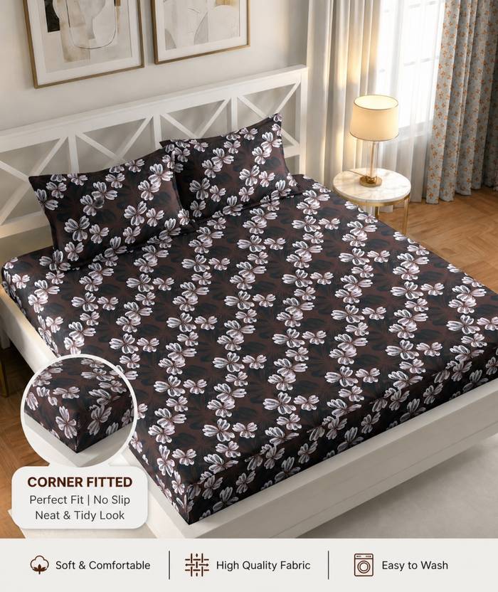 IWS Cotton Double Fitted (Elastic) 144 TC Floral 1 Bedsheet