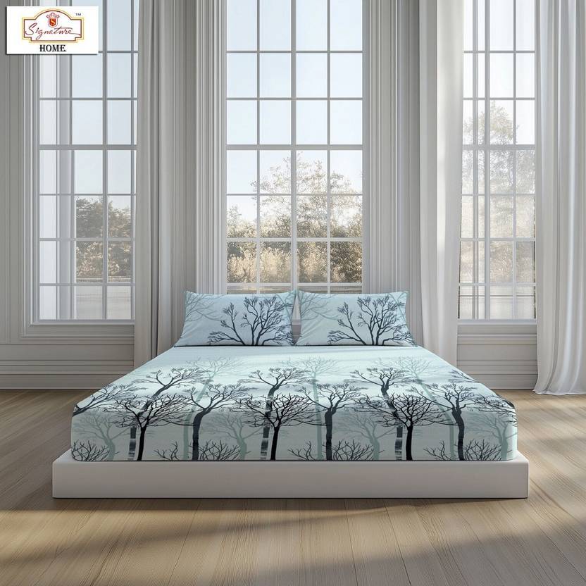 Signature Cotton Double Flat 120 TC Floral 1 Bedsheet with 2 Pillow Covers