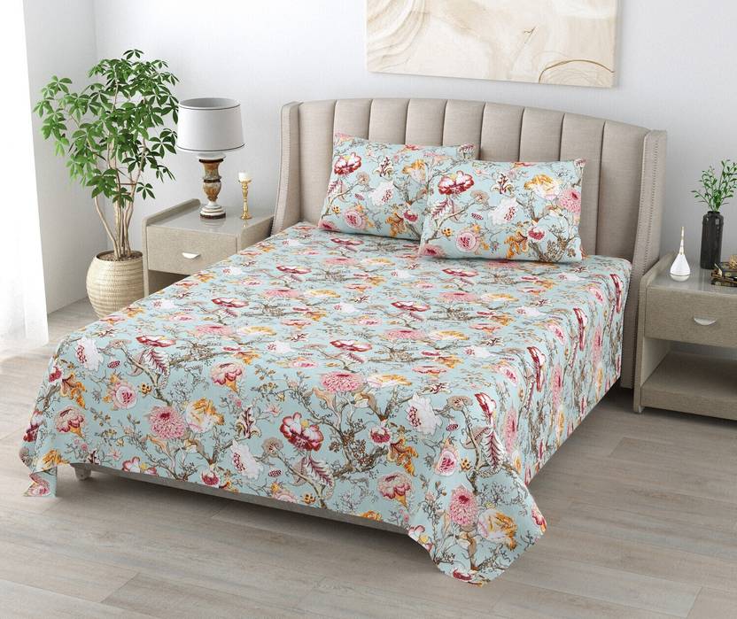 CHICERY Cotton King Flat 210 TC Floral 1 Bedsheet with 2 Pillow Covers