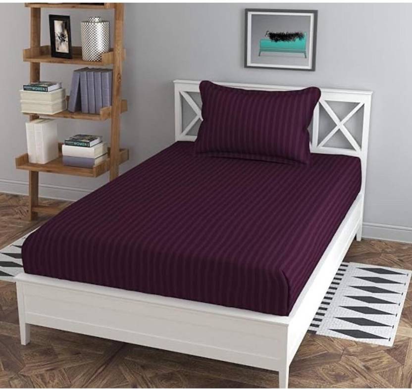 Belgium Furnishings Cotton Single Fitted (Elastic) 190 TC Striped 1 Bedsheet with 2 Pillow Covers