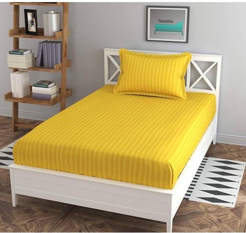 Belgium Furnishings Cotton Single Fitted (Elastic) 190 TC Striped 1 Bedsheet with 2 Pillow Covers