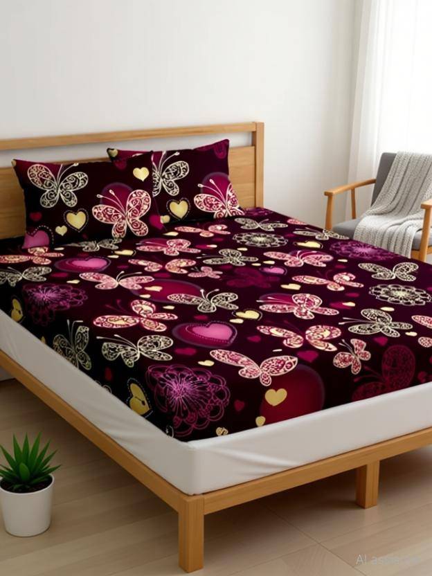 Bedress Cotton Double Fitted (Elastic) 250 TC Printed 1 Bedsheet with 2 Pillow Covers