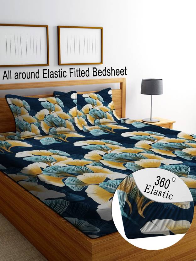 Bedress Cotton King Fitted (Elastic) 280 TC Printed 1 Summer Bedsheet with 2 Pillow Covers