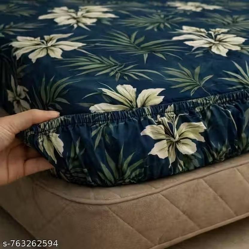 Bedsheat hub Cotton Double Fitted (Elastic) 320 TC Floral 1 Bedsheet with 2 Pillow Covers, 2 Cushion Covers