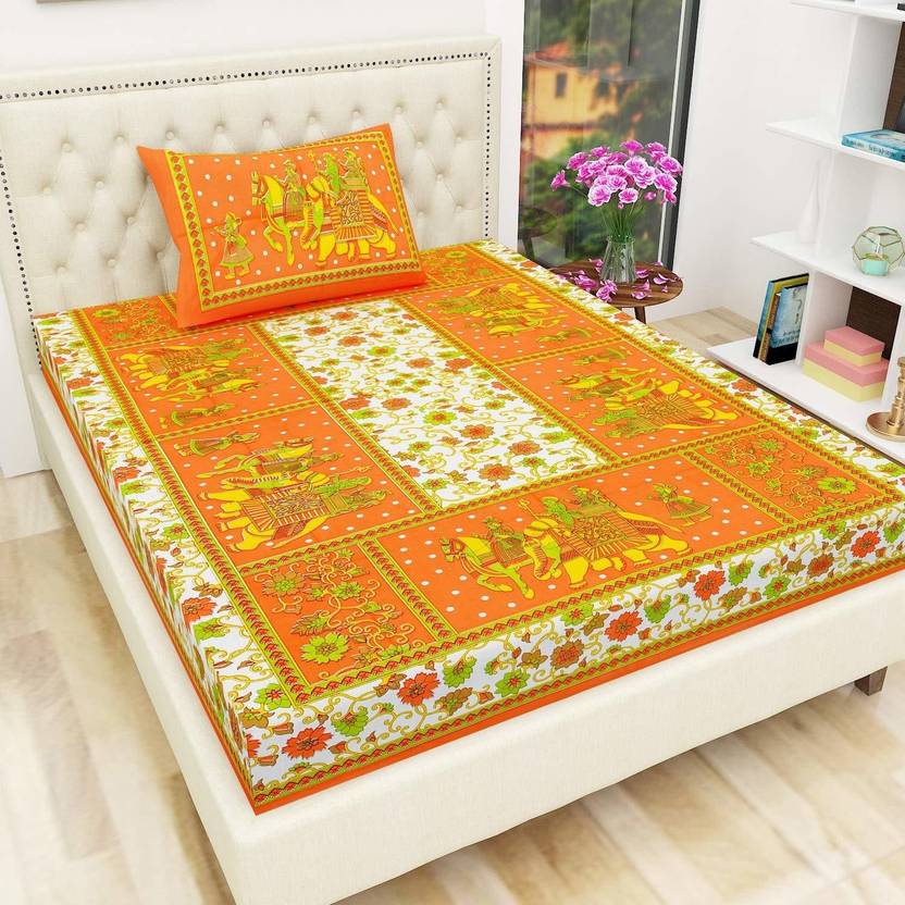 BedZone Cotton Single Fitted & Flat 220 TC Jaipuri Prints 1 Bedsheet with 2 Pillow Covers